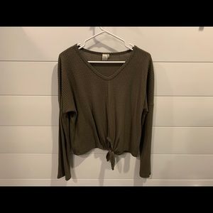 Army green cropped waffle long sleeve